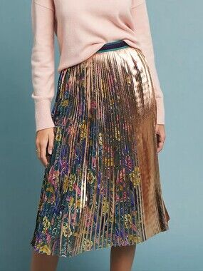 Maeve Anthropologie Printed Pleated Skirt 2P Gold Floral Metallic Foil Midi